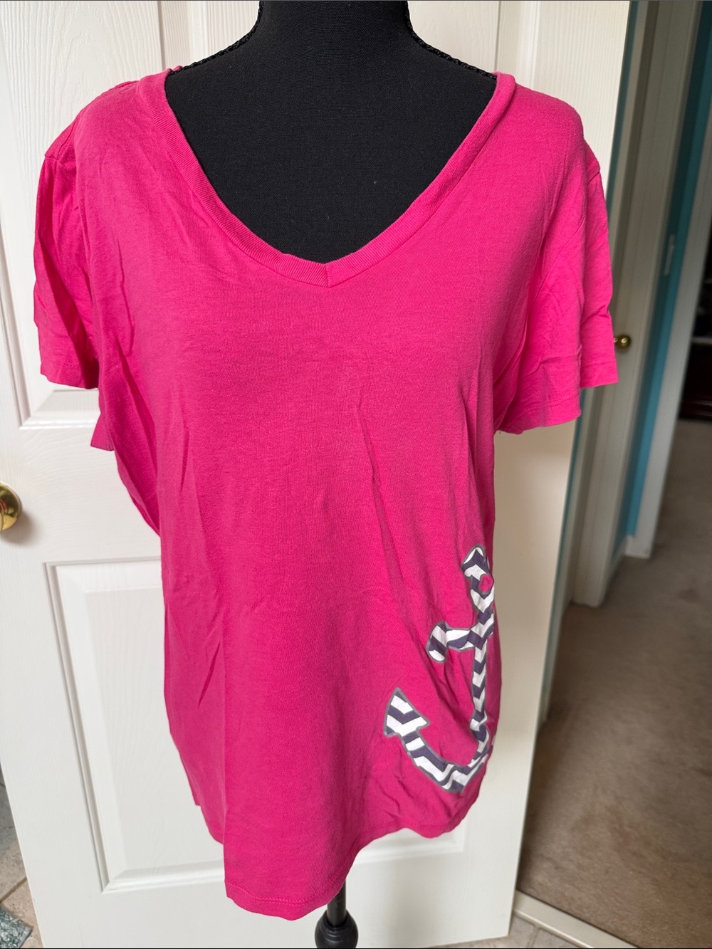 Disney Cruise Line Hot Pink V-Neck Mickey Anchor Graphic Tee
